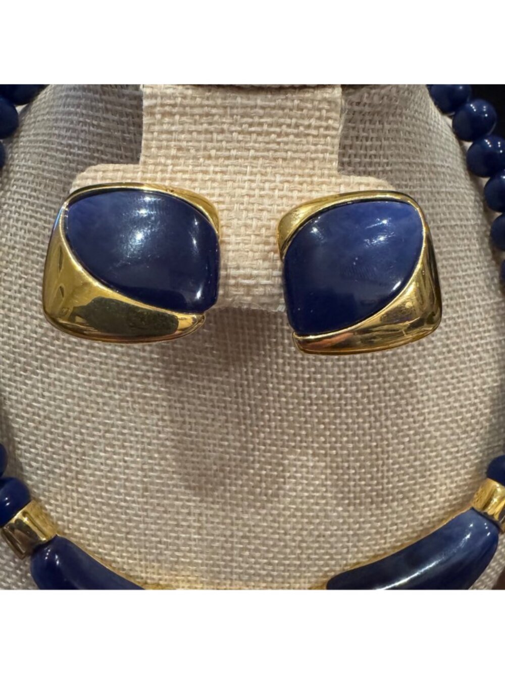 Vintage Lady Remington Blue & Gold Necklace & Clip-On Earrings Set - Picture 2 of 14